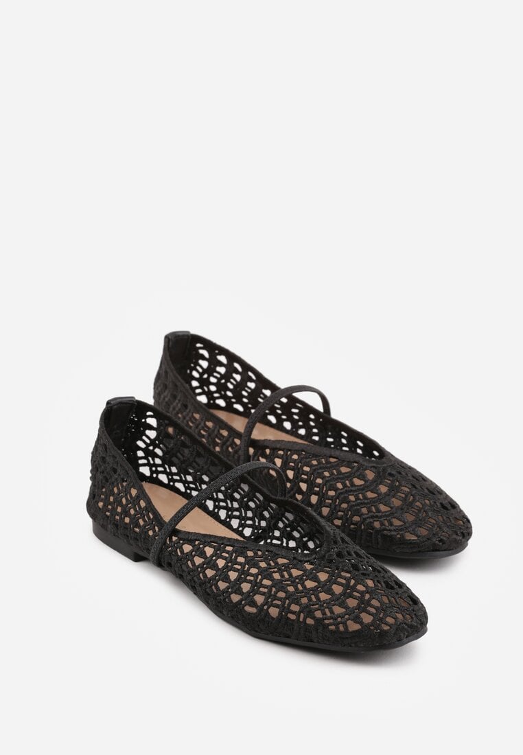 Czarne Balerinki Mary Jane z Ażurową Cholewką Imitującą Plecionkę Timina