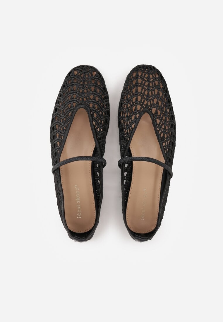 Czarne Balerinki Mary Jane z Ażurową Cholewką Imitującą Plecionkę Timina