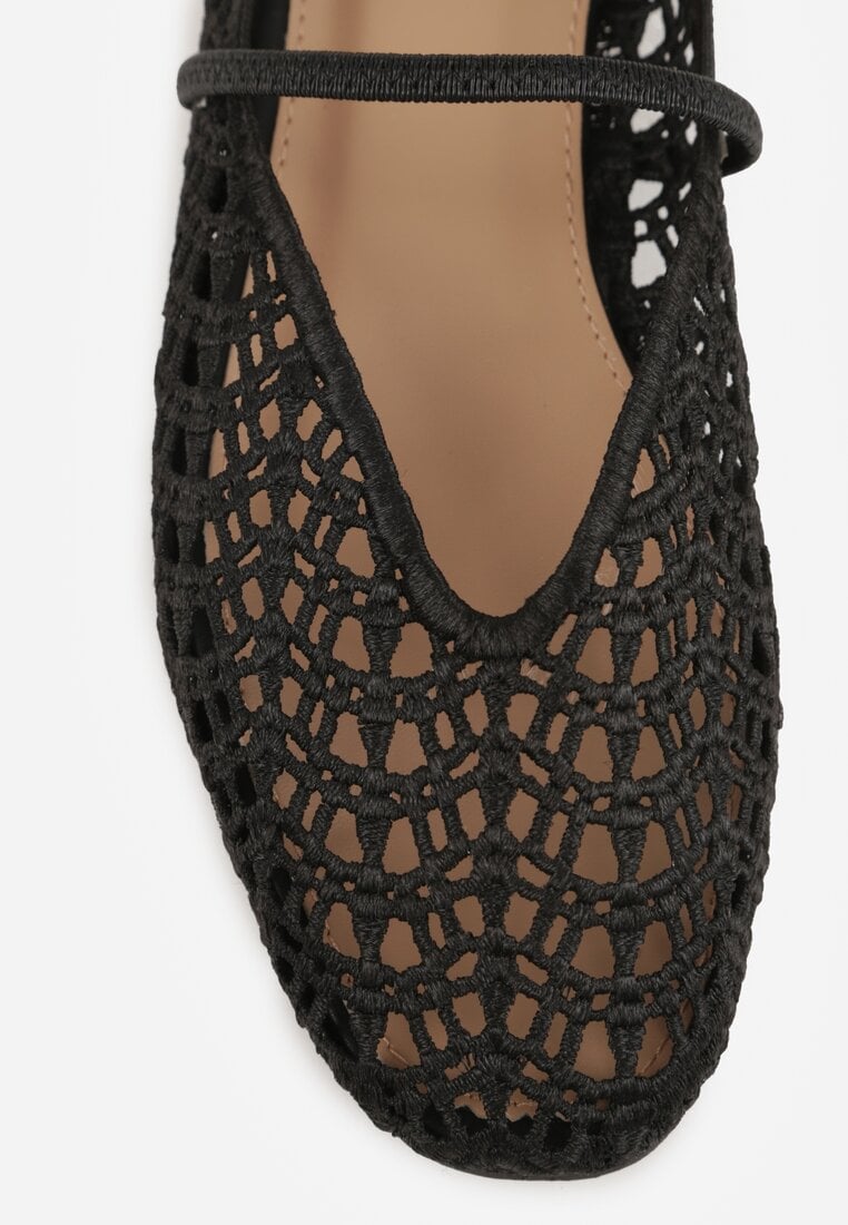 Czarne Balerinki Mary Jane z Ażurową Cholewką Imitującą Plecionkę Timina