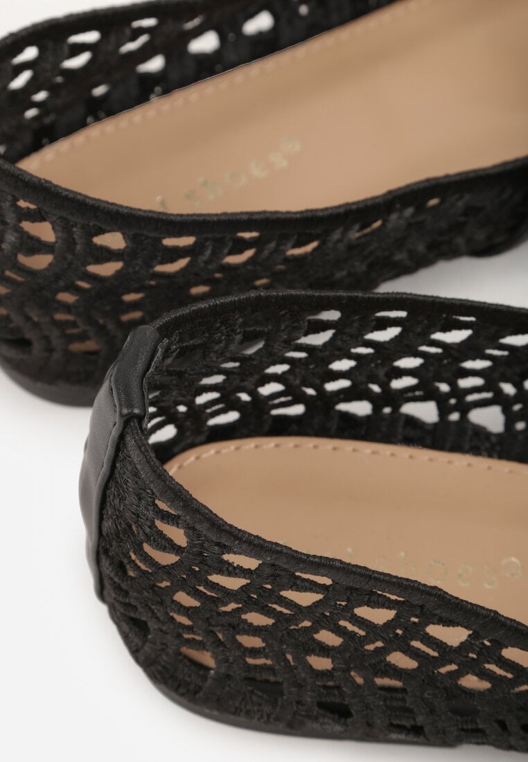 Czarne Balerinki Mary Jane z Ażurową Cholewką Imitującą Plecionkę Timina