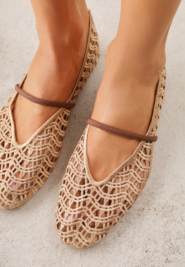 Beżowe Balerinki Mary Jane z Ażurową Cholewką Imitującą Plecionkę Timina
