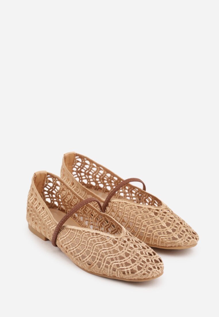 Beżowe Balerinki Mary Jane z Ażurową Cholewką Imitującą Plecionkę Timina