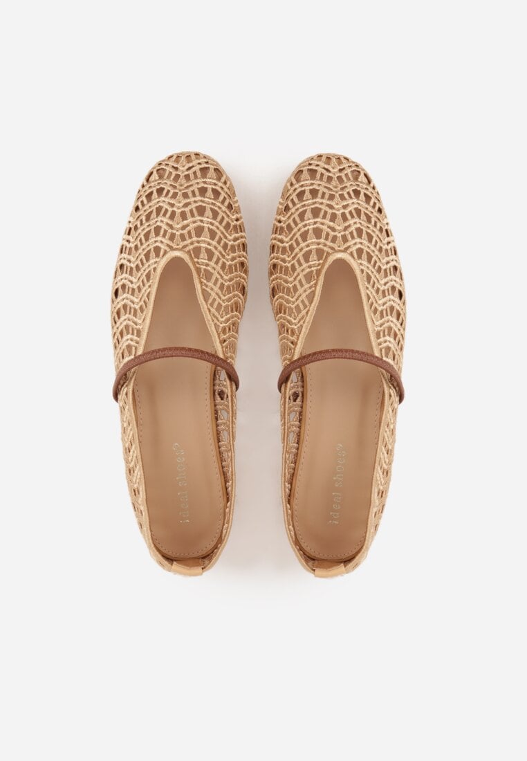 Beżowe Balerinki Mary Jane z Ażurową Cholewką Imitującą Plecionkę Timina