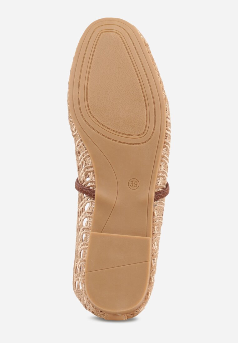 Beżowe Balerinki Mary Jane z Ażurową Cholewką Imitującą Plecionkę Timina