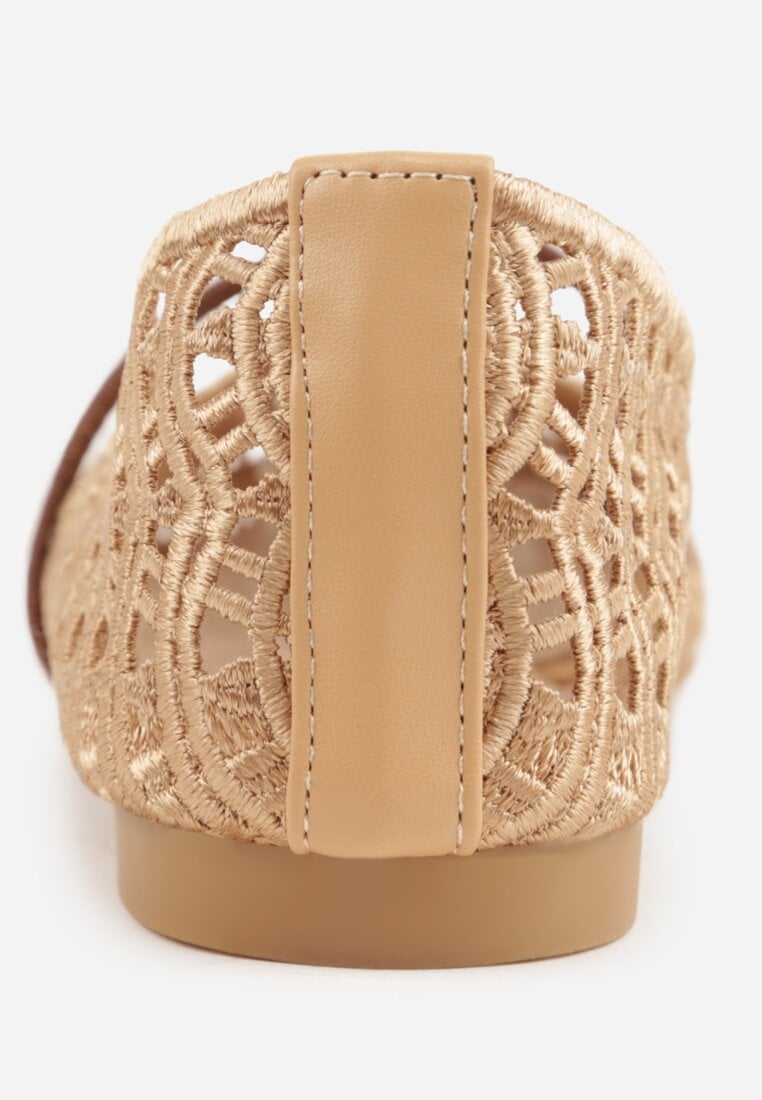 Beżowe Balerinki Mary Jane z Ażurową Cholewką Imitującą Plecionkę Timina