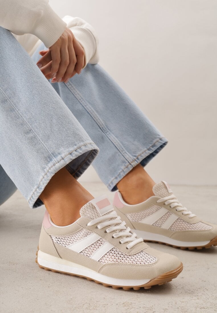 Beżowe Klasyczne Sneakersy Zdobione Siateczkowymi Wstawkami Eilshoy