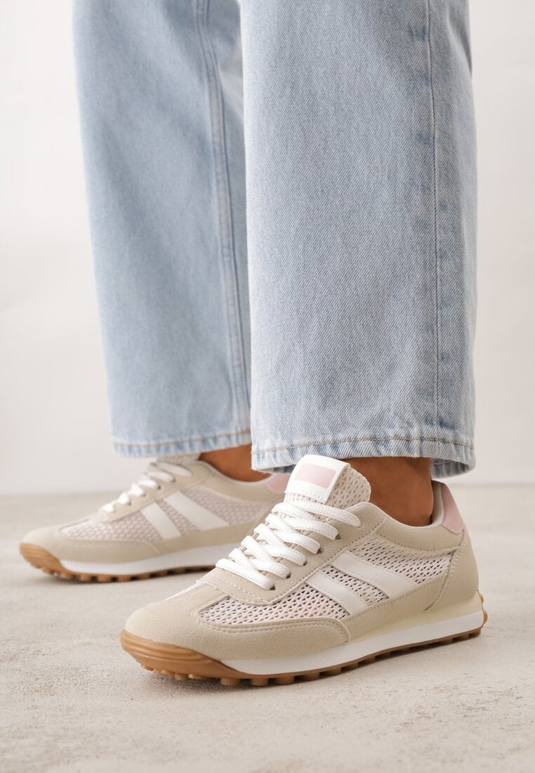 Beżowe Klasyczne Sneakersy Zdobione Siateczkowymi Wstawkami Eilshoy