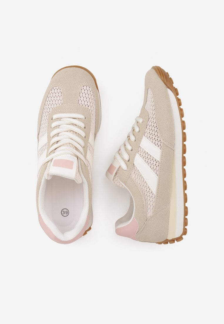 Beżowe Klasyczne Sneakersy Zdobione Siateczkowymi Wstawkami Eilshoy