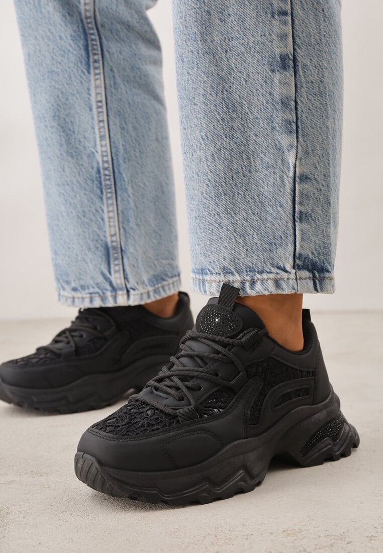 Czarne Sneakersy na Platformie Ozdobione Cyrkoniami i Koronką Antea