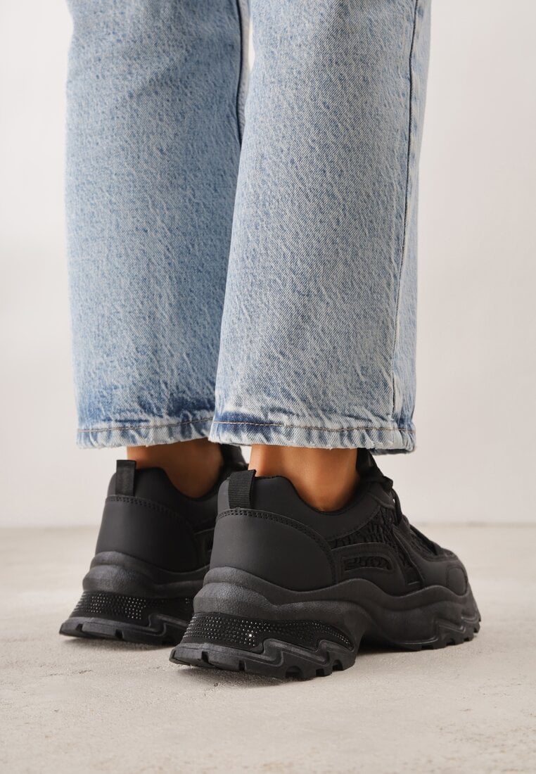 Czarne Sneakersy na Platformie Ozdobione Cyrkoniami i Koronką Antea