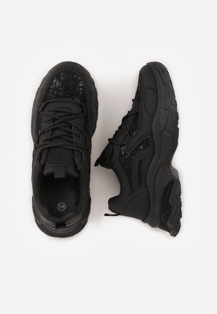 Czarne Sneakersy na Platformie Ozdobione Cyrkoniami i Koronką Antea