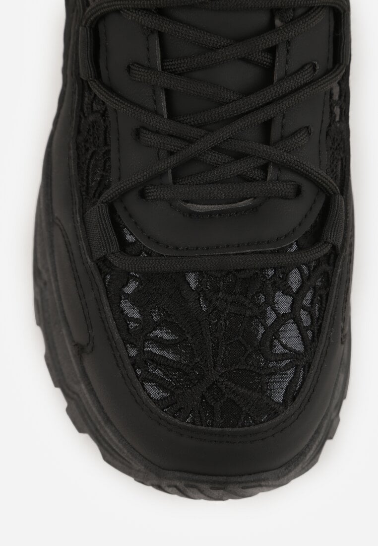 Czarne Sneakersy na Platformie Ozdobione Cyrkoniami i Koronką Antea