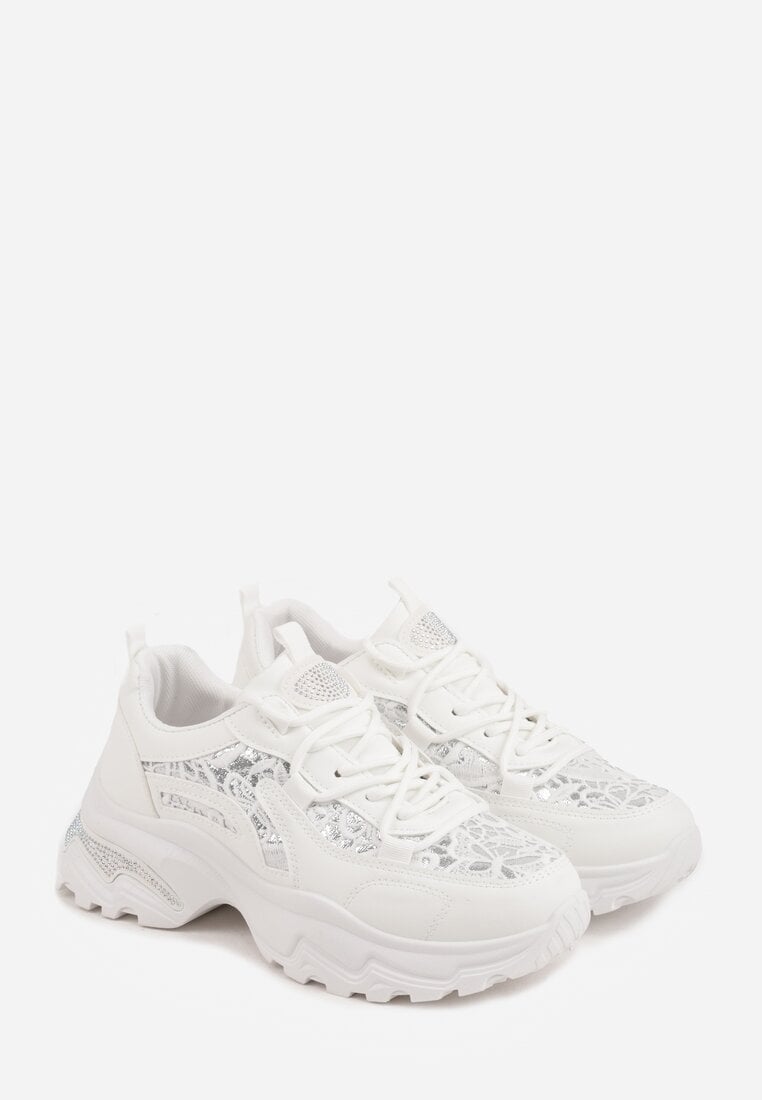 Białe Sneakersy na Platformie Ozdobione Cyrkoniami i Koronką Antea