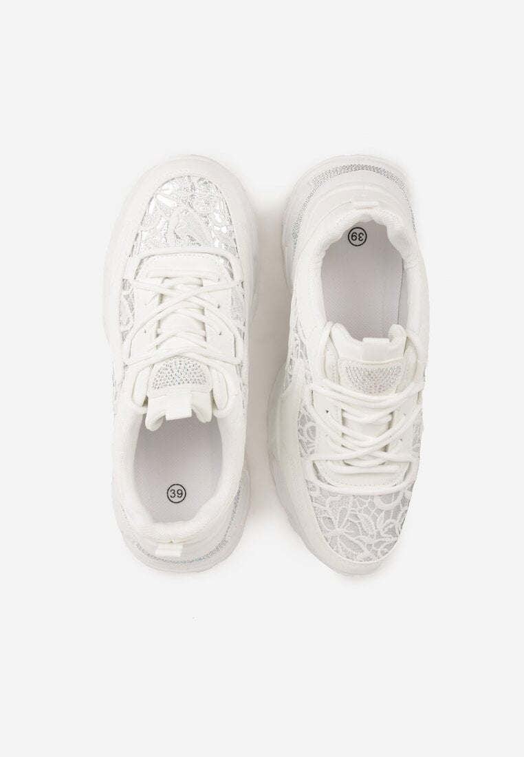 Białe Sneakersy na Platformie Ozdobione Cyrkoniami i Koronką Antea
