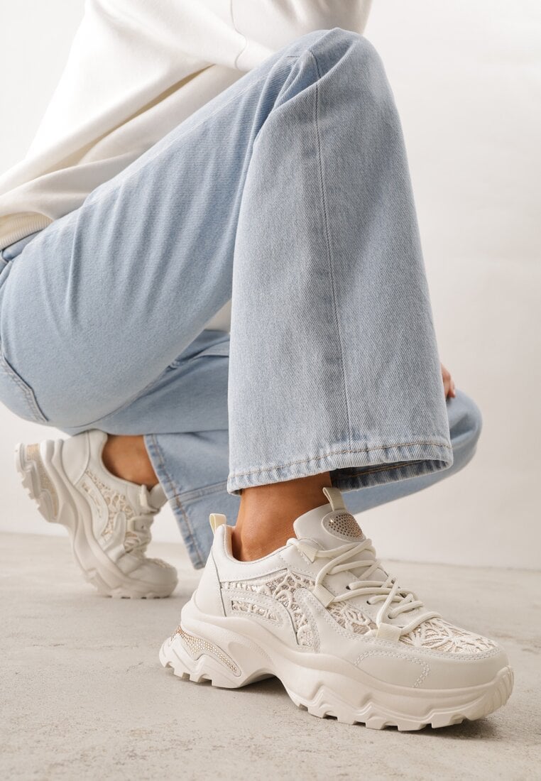 Beżowe Sneakersy na Platformie Ozdobione Cyrkoniami i Koronką Antea