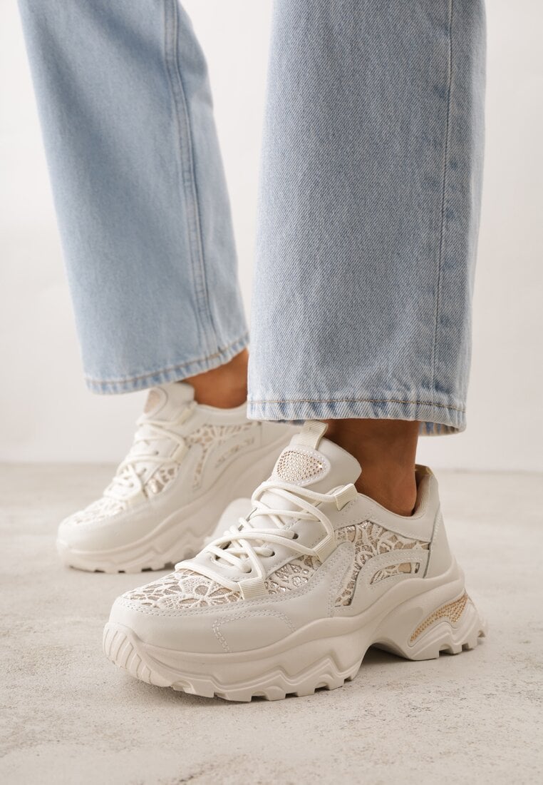 Beżowe Sneakersy na Platformie Ozdobione Cyrkoniami i Koronką Antea