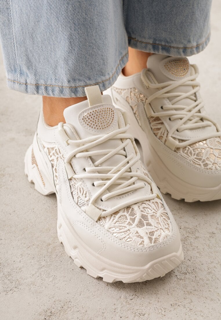 Beżowe Sneakersy na Platformie Ozdobione Cyrkoniami i Koronką Antea