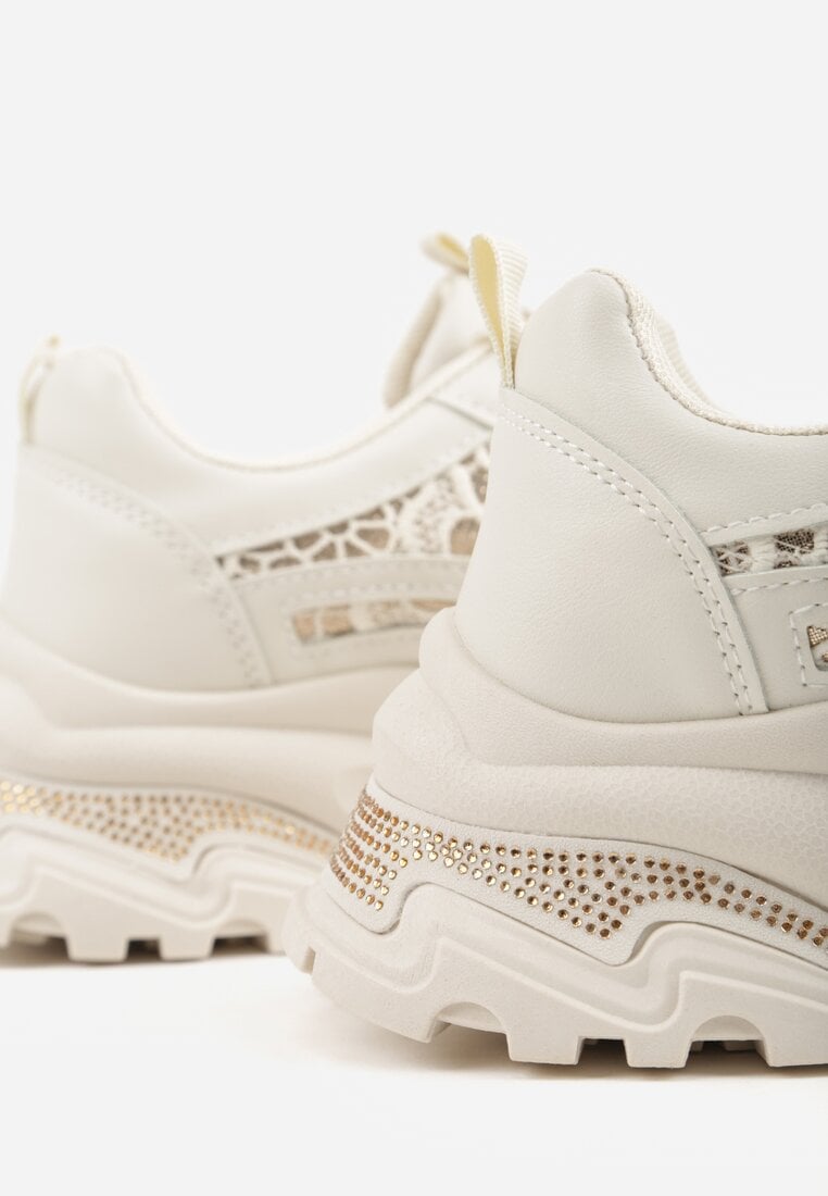 Beżowe Sneakersy na Platformie Ozdobione Cyrkoniami i Koronką Antea