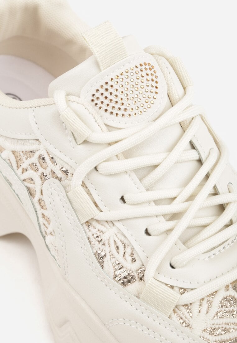 Beżowe Sneakersy na Platformie Ozdobione Cyrkoniami i Koronką Antea