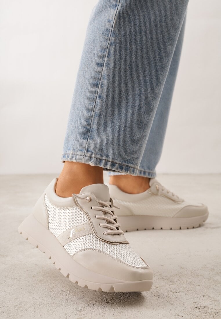 Beżowe Sneakersy na Platformie z Wkładką ze Skóry Naturalnej i Napisam Haidena