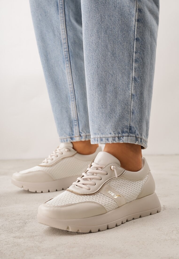 Beżowe Sneakersy na Platformie z Wkładką ze Skóry Naturalnej i Napisam Haidena