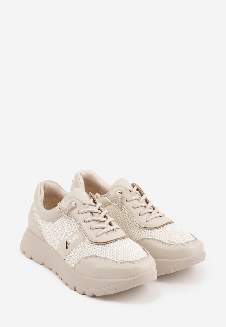 Beżowe Sneakersy na Platformie z Wkładką ze Skóry Naturalnej i Napisam Haidena