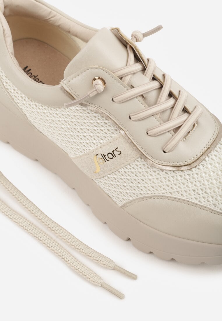 Beżowe Sneakersy na Platformie z Wkładką ze Skóry Naturalnej i Napisam Haidena