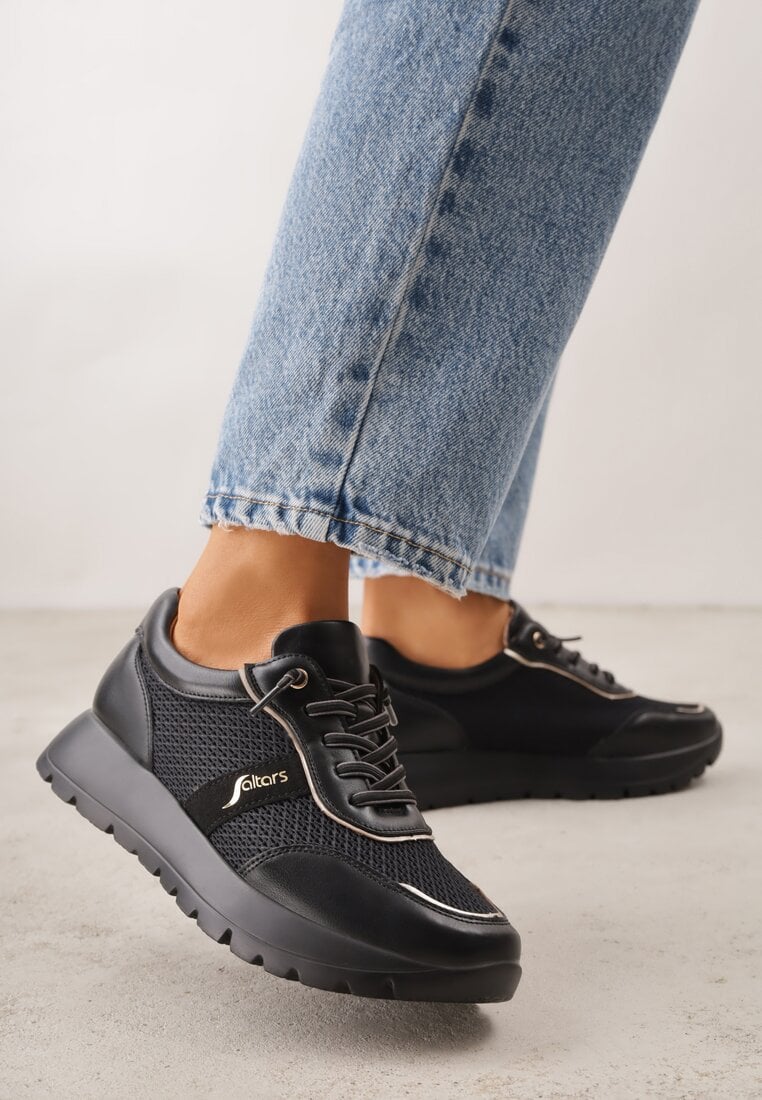 Czarne Sneakersy na Platformie z Wkładką ze Skóry Naturalnej i Napisam Haidena