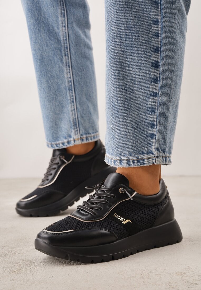 Czarne Sneakersy na Platformie z Wkładką ze Skóry Naturalnej i Napisam Haidena