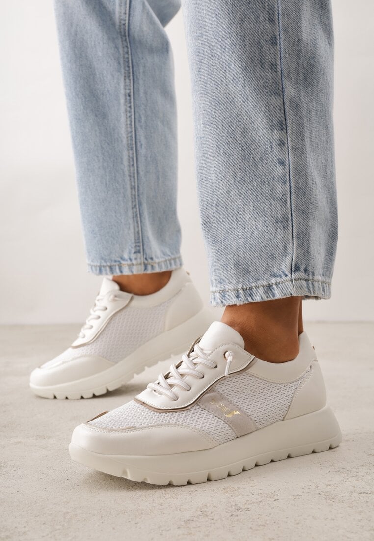 Białe Sneakersy na Platformie z Wkładką ze Skóry Naturalnej i Napisam Haidena