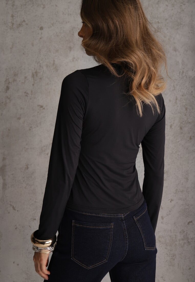 Czarna Dopasowana Bluzka Typu Longsleeve z Bawełną Moanti