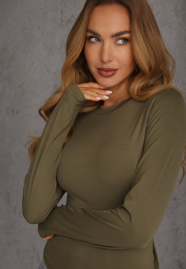 Ciemnozielona Dopasowana Bluzka Typu Longsleeve z Bawełną Moanti