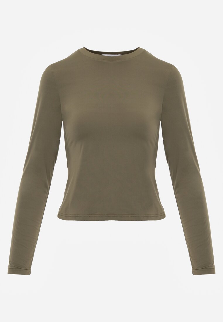 Ciemnozielona Dopasowana Bluzka Typu Longsleeve z Bawełną Moanti