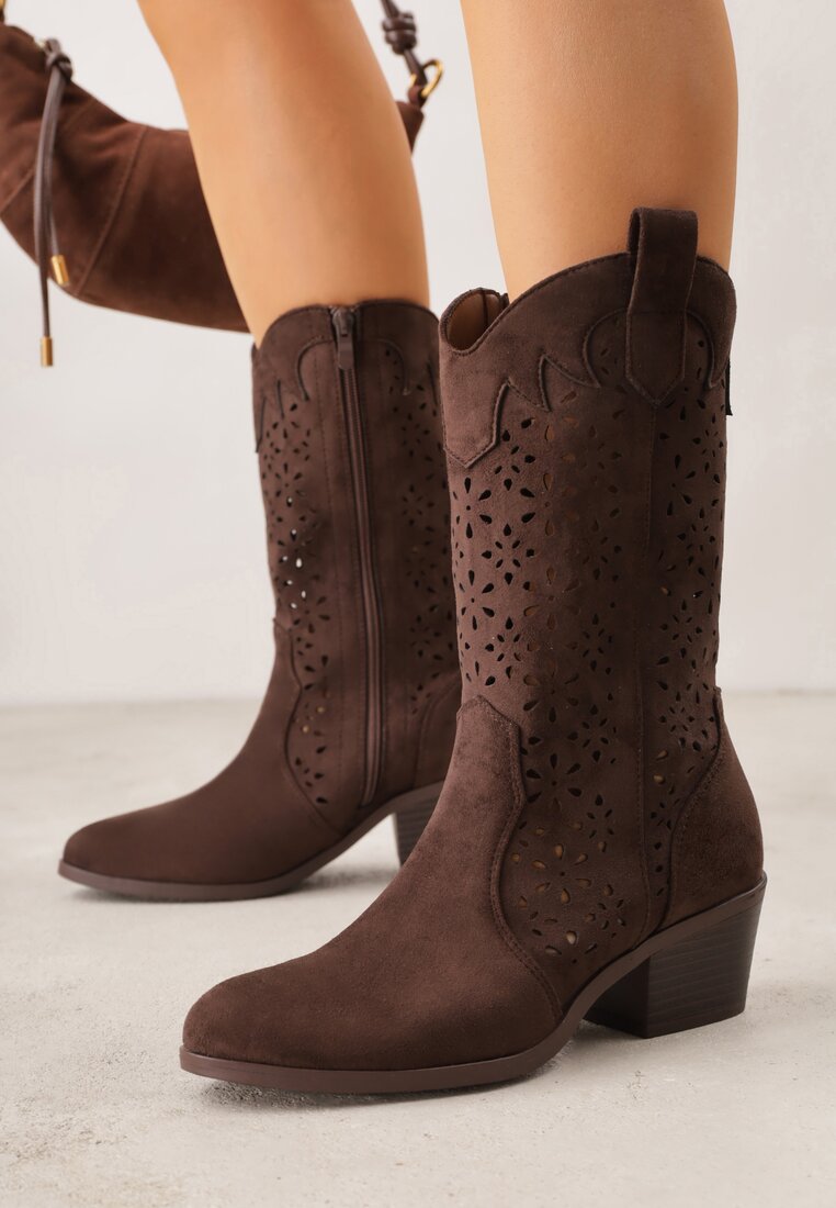 Brązowe Botki Kowbojki na Słupku z Ażurową Cholewką Ravsemi