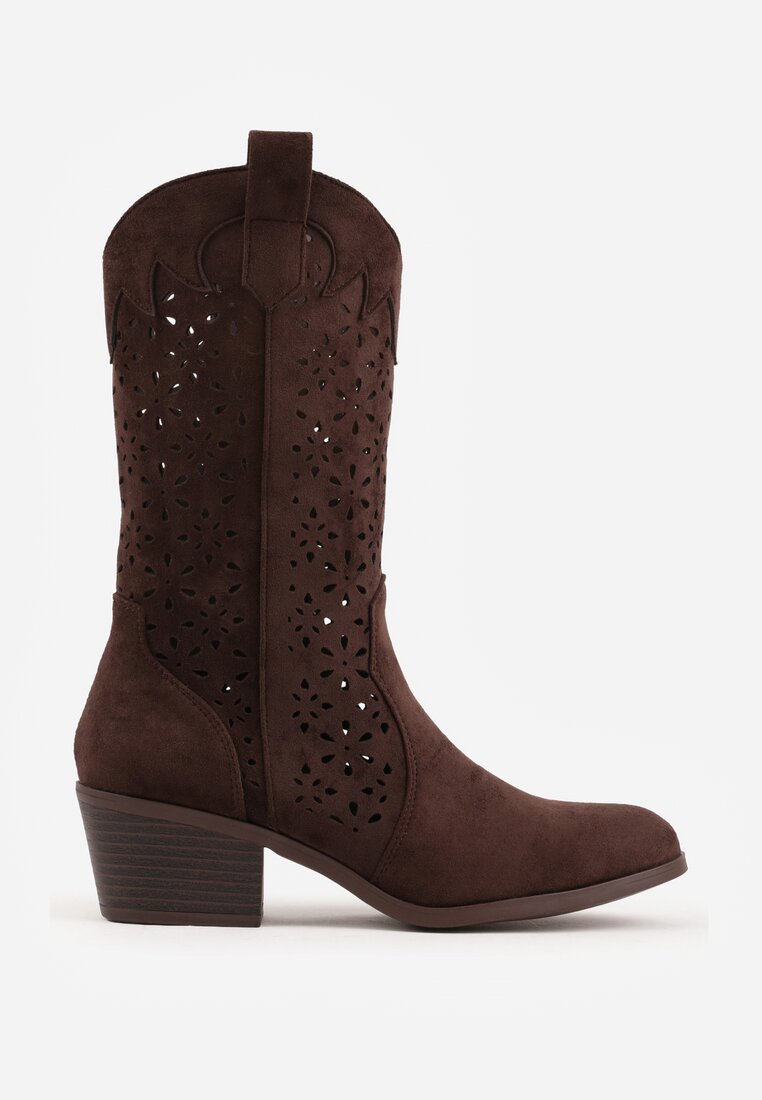 Brązowe Botki Kowbojki na Słupku z Ażurową Cholewką Ravsemi