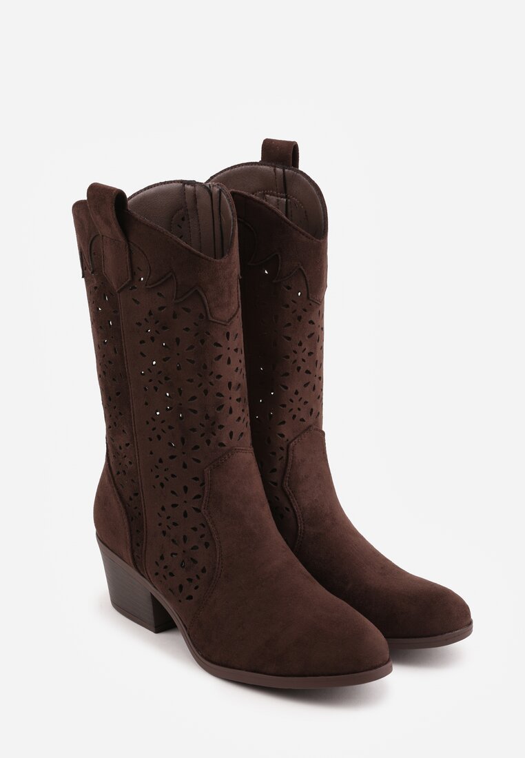 Brązowe Botki Kowbojki na Słupku z Ażurową Cholewką Ravsemi