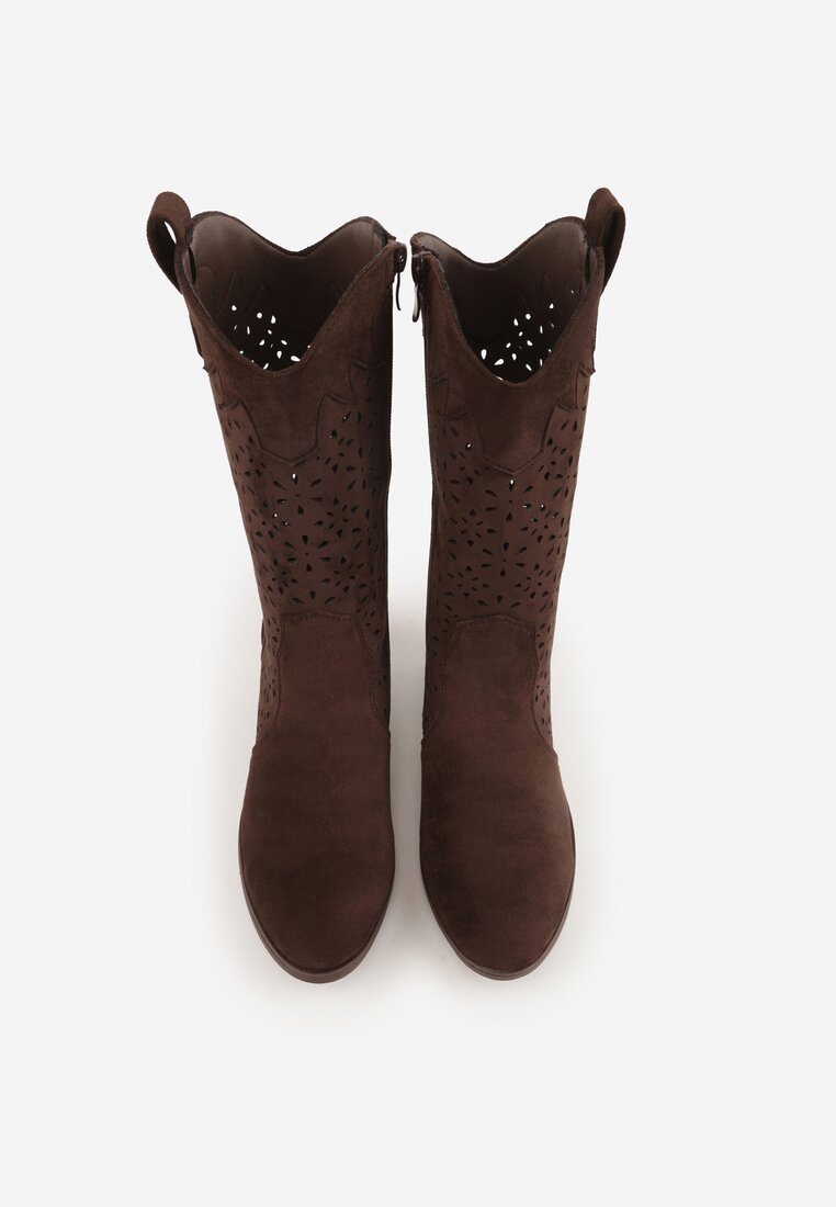 Brązowe Botki Kowbojki na Słupku z Ażurową Cholewką Ravsemi