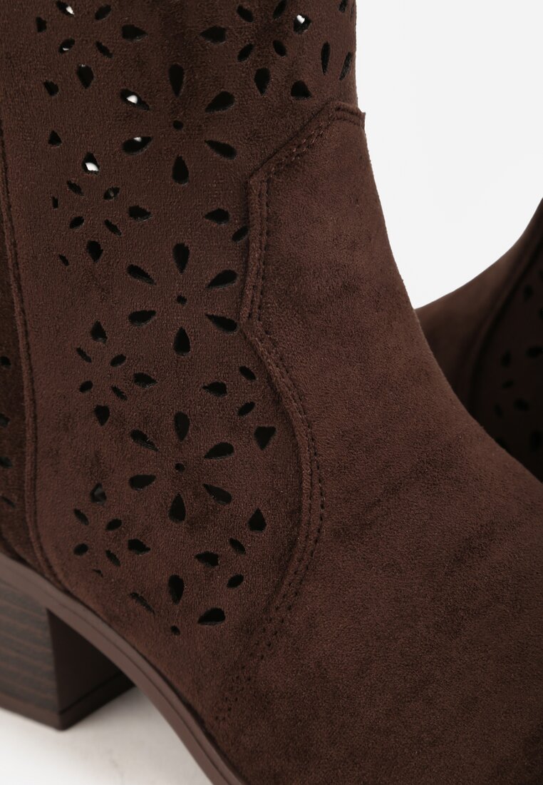 Brązowe Botki Kowbojki na Słupku z Ażurową Cholewką Ravsemi