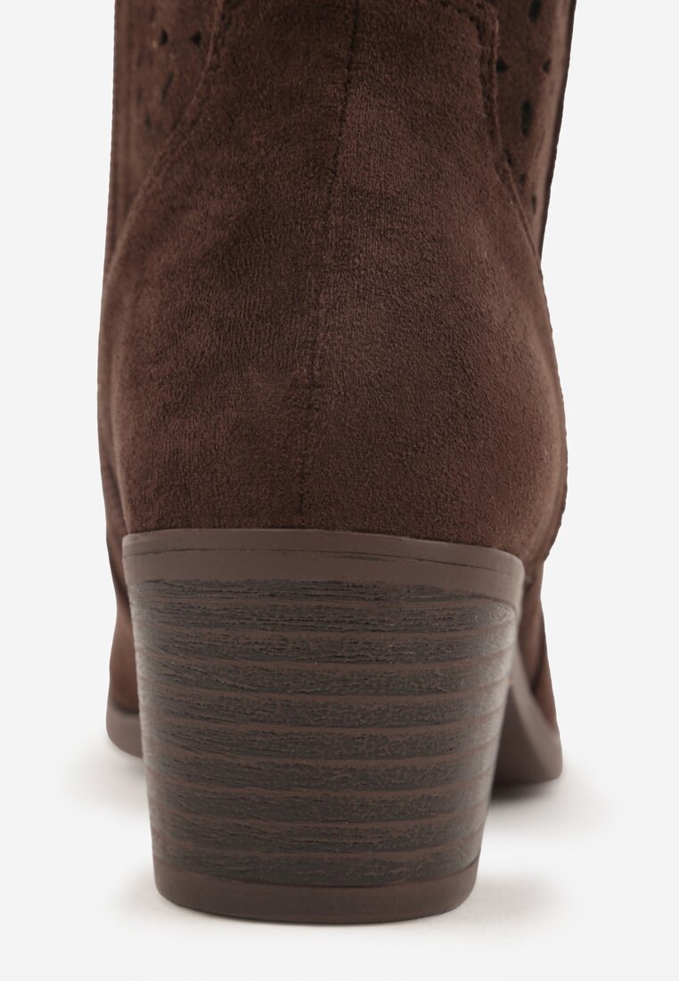 Brązowe Botki Kowbojki na Słupku z Ażurową Cholewką Ravsemi