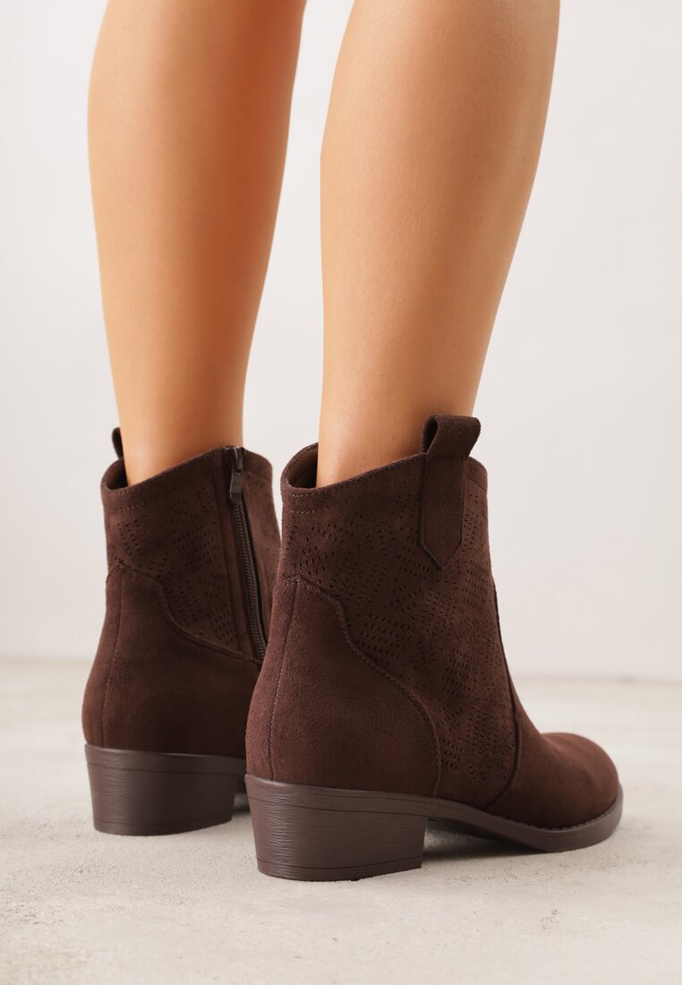 Brązowe Ażurowe Botki na Słupku Typu Kowbojki Iolerine