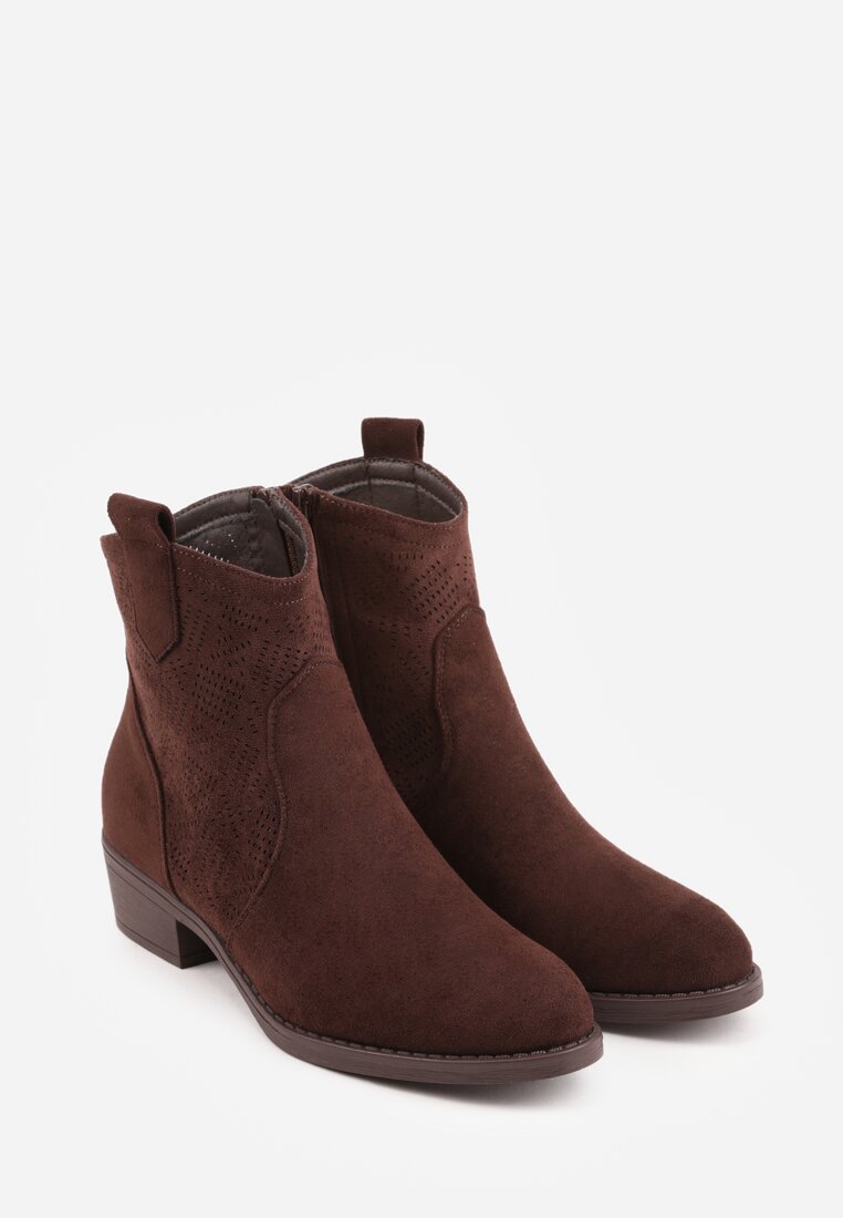 Brązowe Ażurowe Botki na Słupku Typu Kowbojki Iolerine