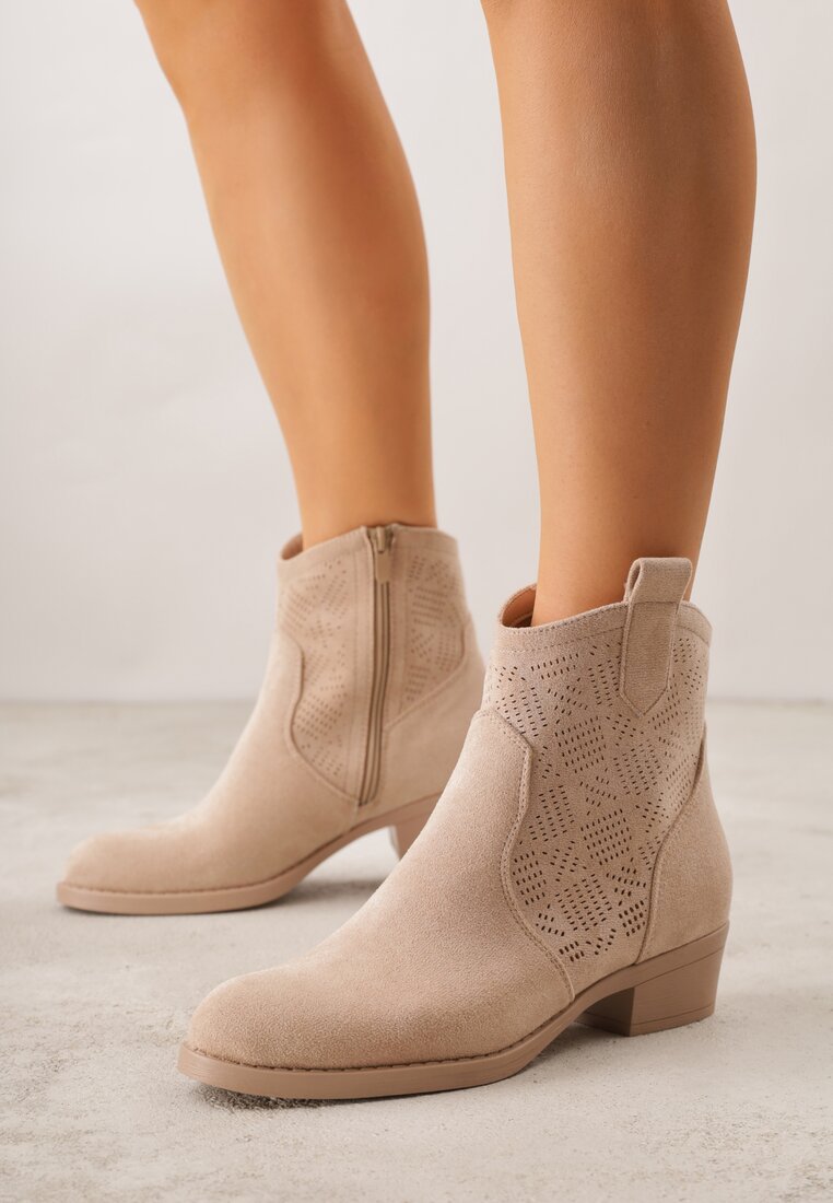 Ciemnobeżowe Ażurowe Botki na Słupku Typu Kowbojki Iolerine