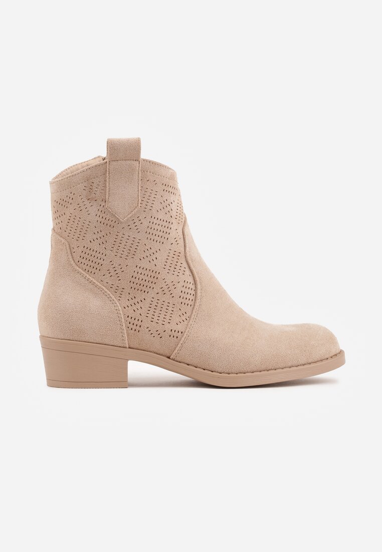 Ciemnobeżowe Ażurowe Botki na Słupku Typu Kowbojki Iolerine