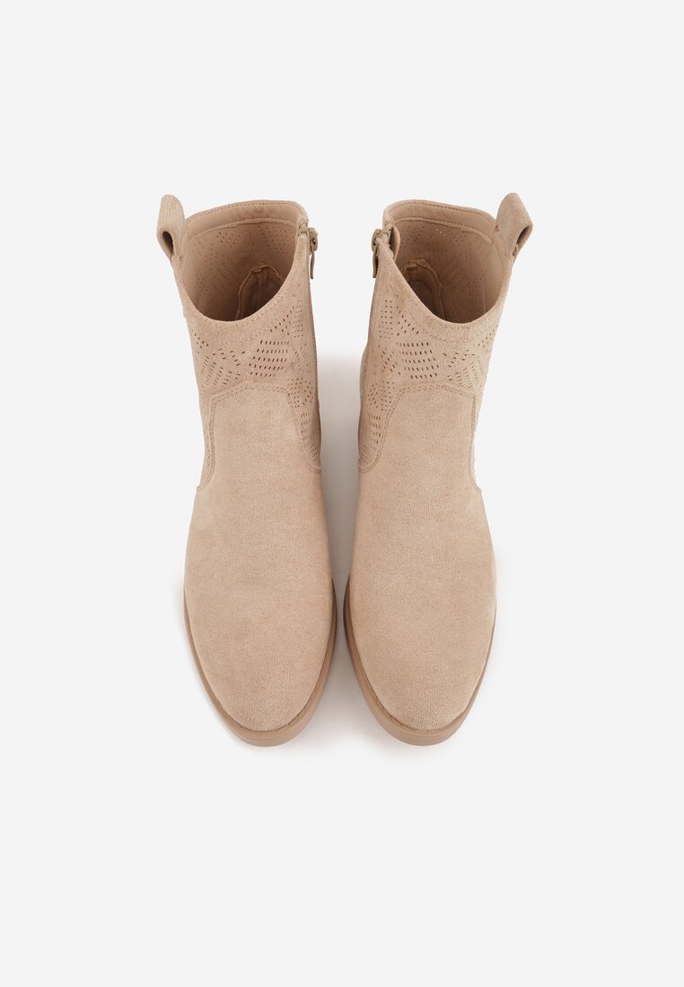 Ciemnobeżowe Ażurowe Botki na Słupku Typu Kowbojki Iolerine