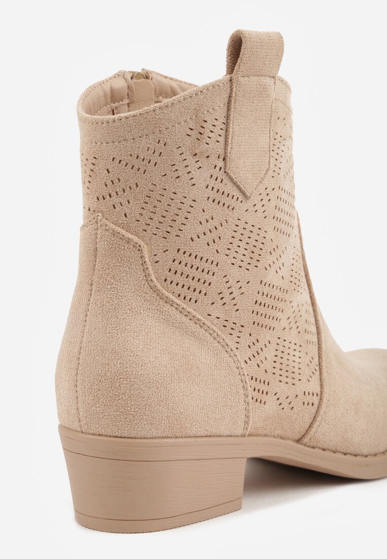 Ciemnobeżowe Ażurowe Botki na Słupku Typu Kowbojki Iolerine