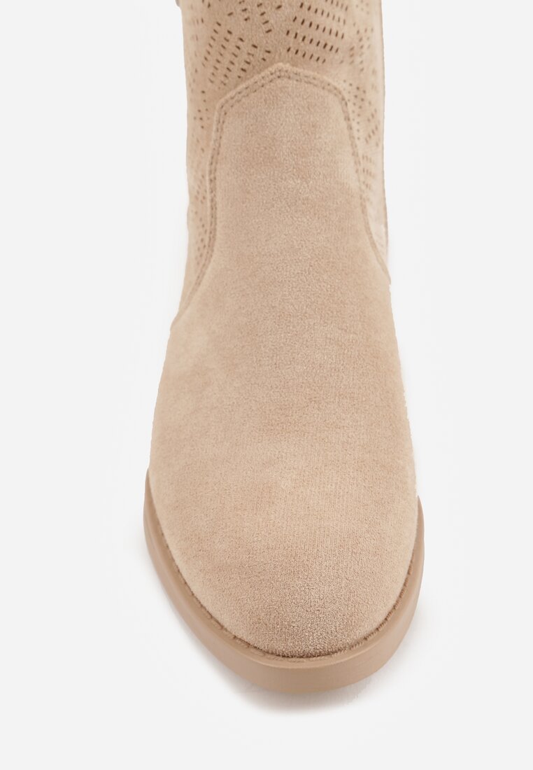 Ciemnobeżowe Ażurowe Botki na Słupku Typu Kowbojki Iolerine