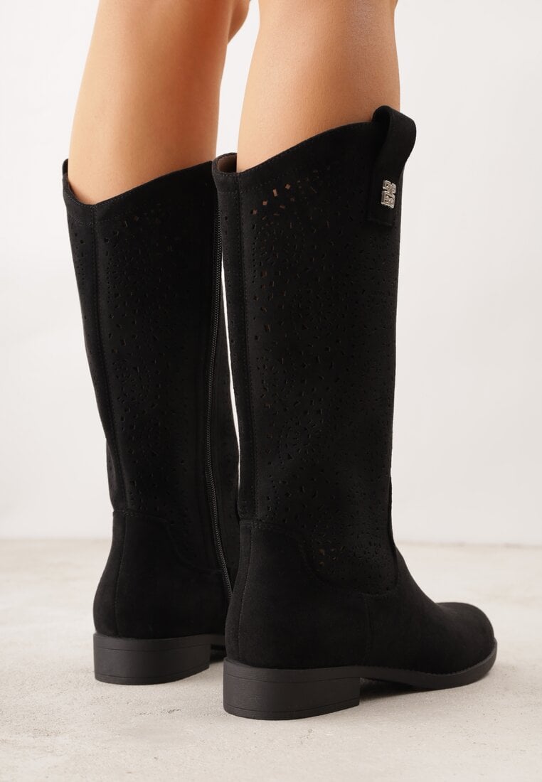 Czarne Ażurowe Botki z Geometryczną Ozdobą Naeraste