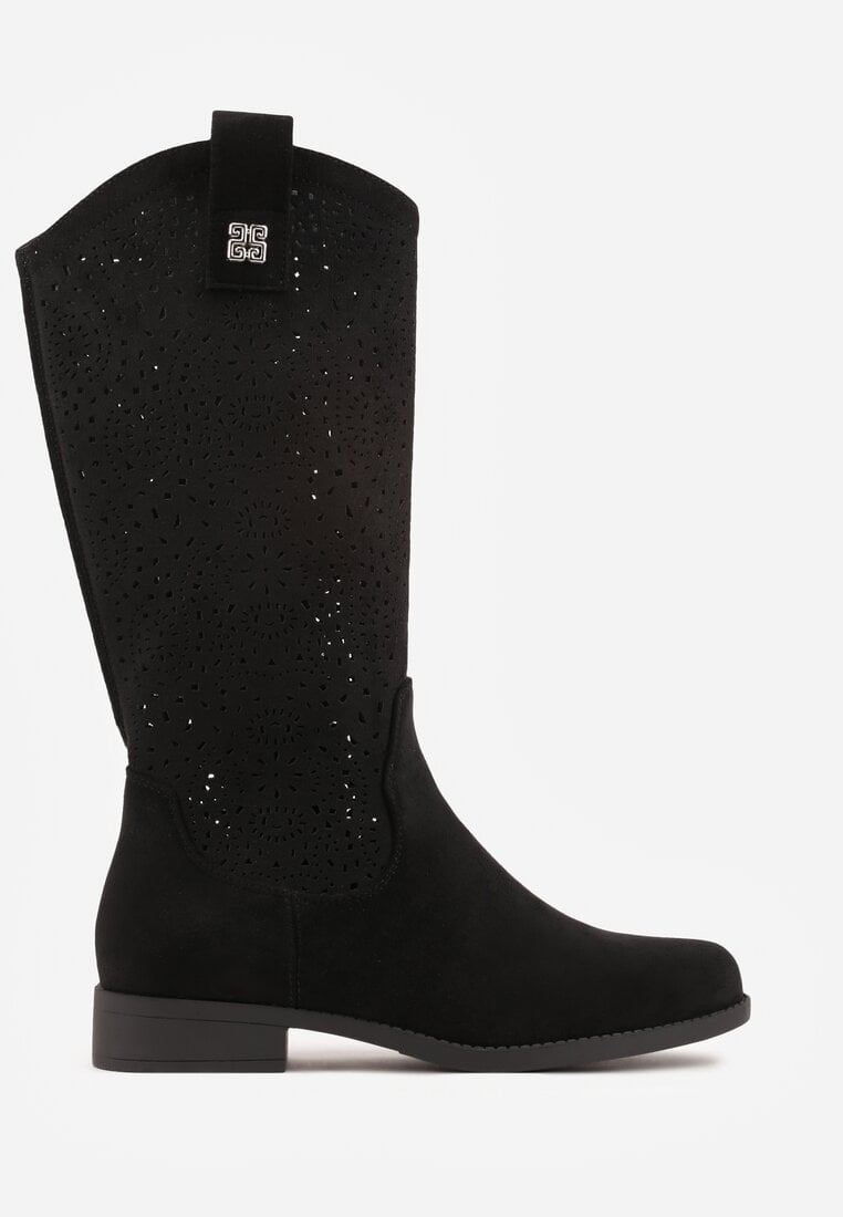 Czarne Ażurowe Botki z Geometryczną Ozdobą Naeraste