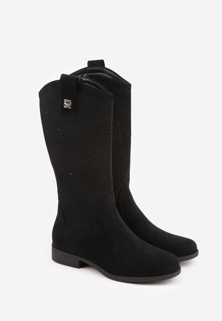 Czarne Ażurowe Botki z Geometryczną Ozdobą Naeraste