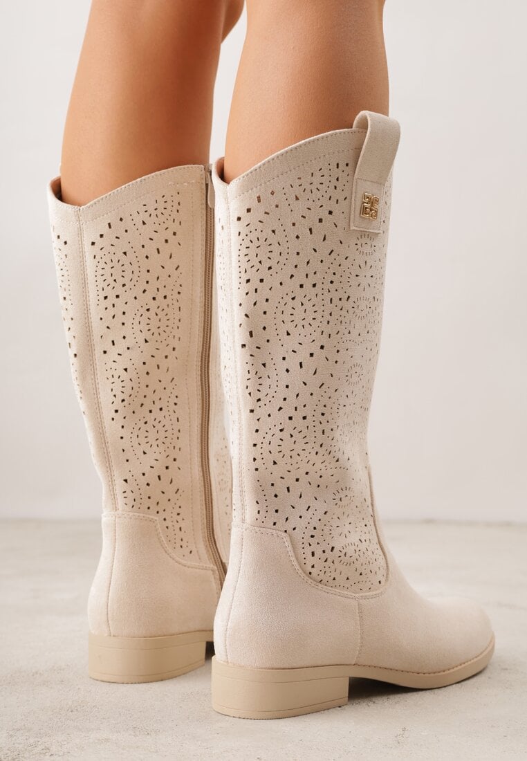 Beżowe Ażurowe Botki z Geometryczną Ozdobą Naeraste